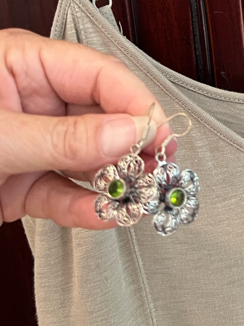 Silver Floral Dangle Earrings with Peridot Green Faceted Stone